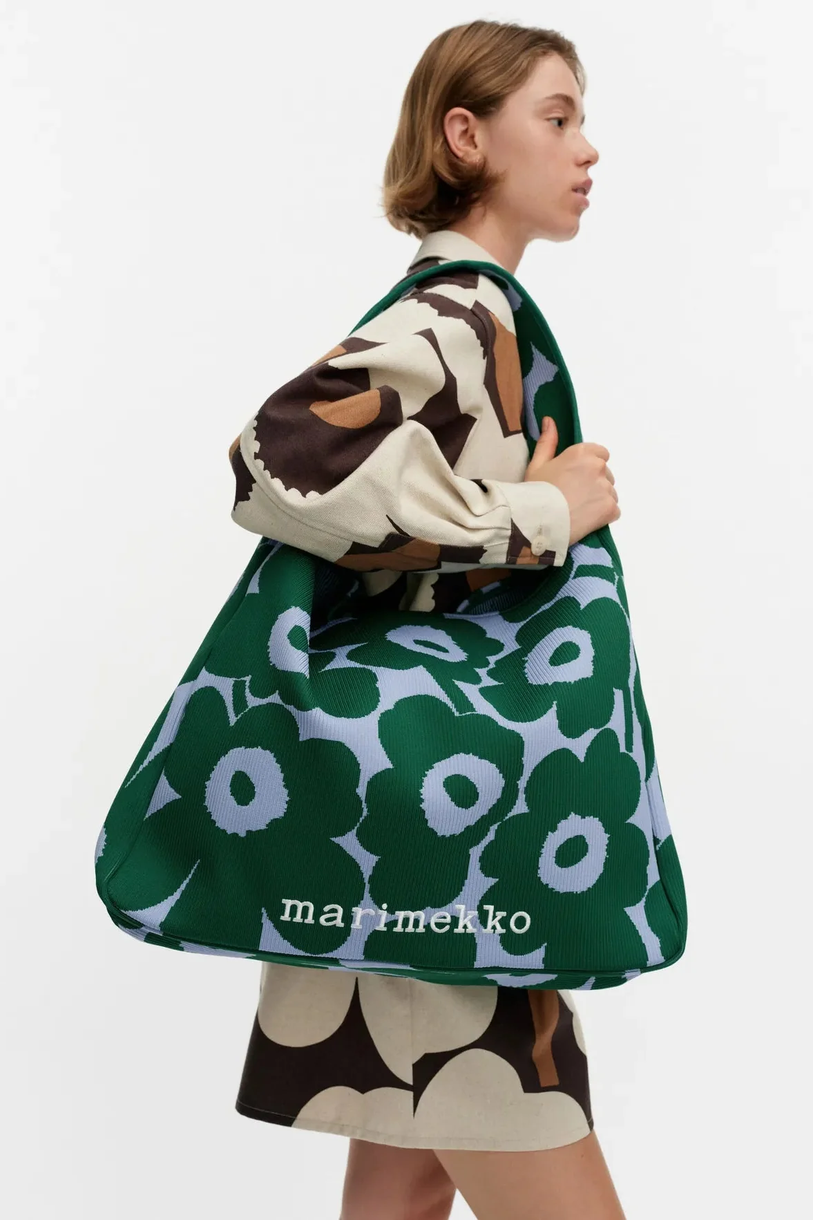 Marimekko Knitted Bag Large Unikko olkalaukku - vihreä / vaaleansininen